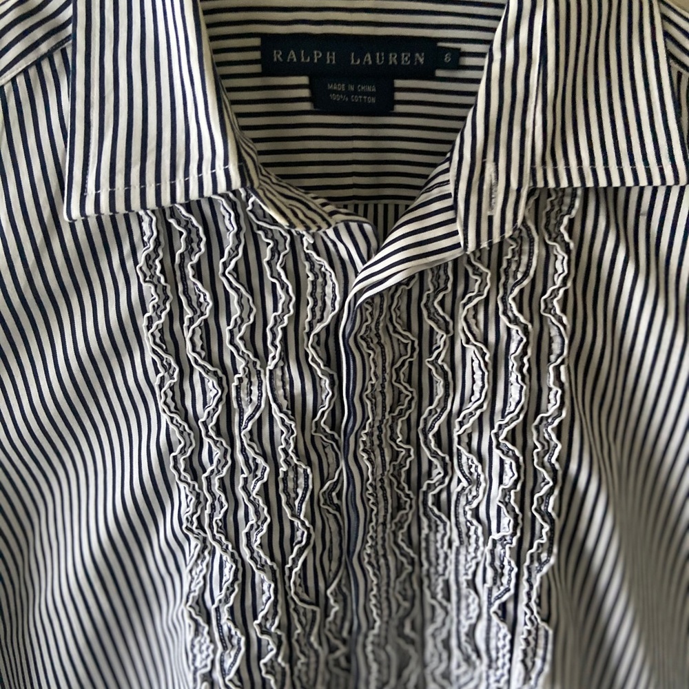 Ralph Lauren Navy White Striped Riffle Button Up 6